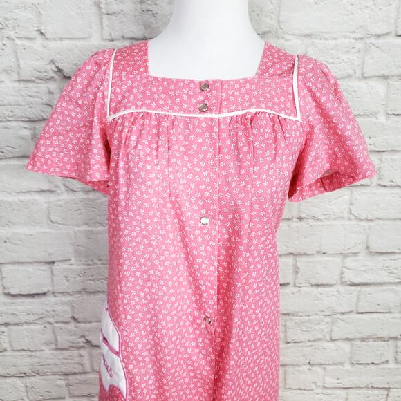 VTG Pink White Floral House Day Dress Pearl Snap Front Short Sleeve Pocket Sz S - Picture 5 of 14